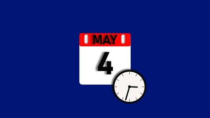 May month 4 date calendar icon illustration. Calendar sign with clock icon background 4k resolution.