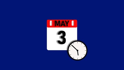 May month 3 date calendar icon illustration. Calendar sign with clock icon background 4k resolution.
