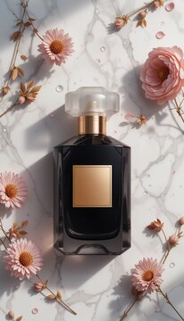 Luxury Black Fragrance Mockup with Floral Accents