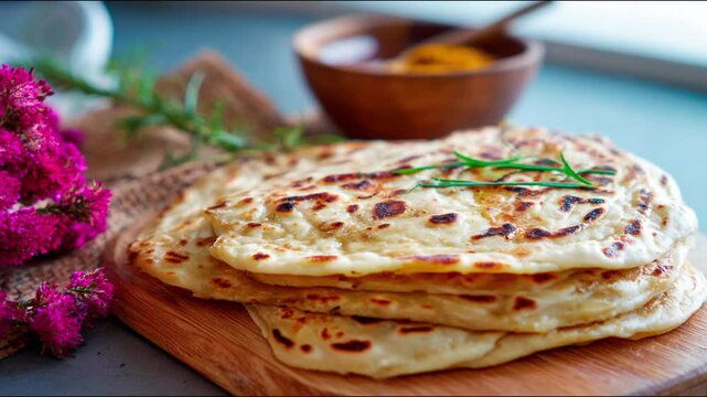 Delicious, freshly baked naan bread, garnished with rosemary, served on a rustic wooden board.