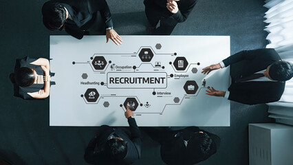 Dynamic Team Collaboration at Recruitment Table with Strategy Flowcharts and Icons for Job Roles...