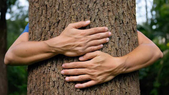 Person hugging a tree in a forest, expressing love and protection for nature. Environmental awareness and eco-conscious values.