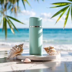 green tumbler bottle mockup design with beach background