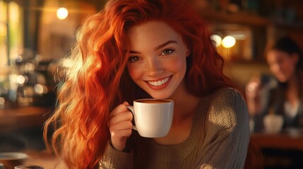 Indoor shot of beautiful redhead girl has coffee break, holds white mug with aromatic beverage, smiles and looks at camera, enjoys nice conversation while drinking tea in morning, discusses news illu