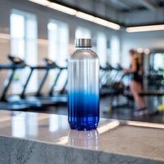 silver and blue gradient drink bottle mockup design with blur gym background