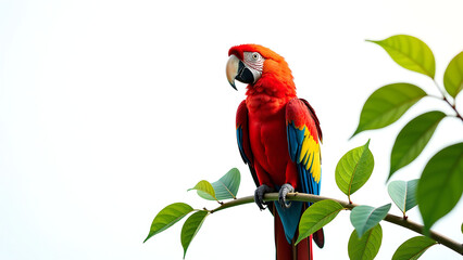 Obraz premium bright scarlet macaw sits majestically lush green branch iridescent feathers glistening soft natural light plain white