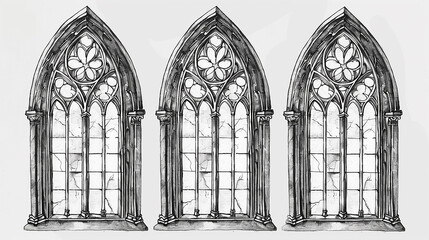 Three ornate, gothic-style window illustrations create a classic and artistic image. The illustration is black and white with an eye-catching floral design at the top.