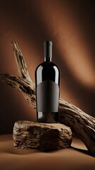 black wine bottle mockup design with sand and old wood background