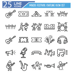 Music Festival Outline Icon Set – Minimal Vector Line Icons for Concerts, Live Events, and Party Vibes