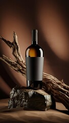 black wine bottle mockup design with sand and old wood background
