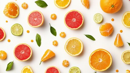 Naklejka premium Flat view of citrus tropical fruit with orange flesh and slice pieces isolated on white background.