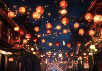 Glowing red lanterns for Chinese New Year celebration in Chinatown streets