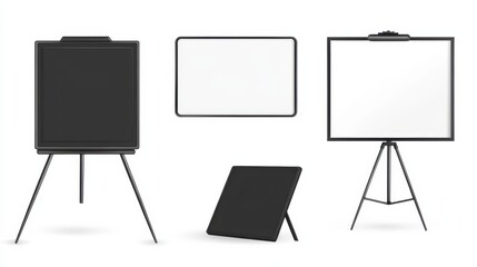 Board set. Realistic blank magnetic board with metal frame, on tripod, hanged on wall set isolated on white background. Vector whiteboard for seminar, presentation, training, education illustration i