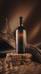 black wine bottle mockup design with sand and old wood background