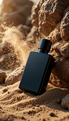 perfume mockup design on brown sand with rock background