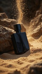 perfume mockup design on brown sand with rock background