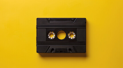Here is a black cassette tape, flat on a yellow background. It is a close-up, highlighting details for a website's media submission form.
