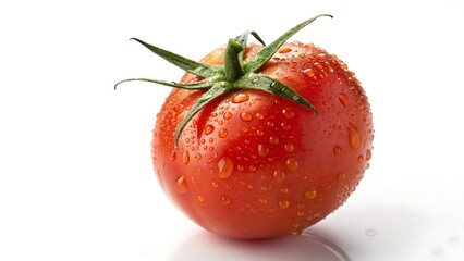 Hyper-realistic single ripe tomato with green stem on pure white background, 32K resolution, glistening skin detail, studio lighting, minimalistic professional food shot"