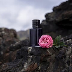 black perfume mockup design on a rock with a natural background and next to it there is a rose