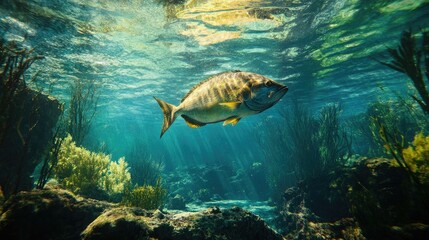 Fototapeta premium An artistic representation of a Mahi Mahi swimming in crystal-clear waters