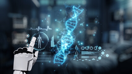 Close up of robotic hand pointing and clicking at DNA holographic to access medical data or...