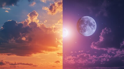 Obraz premium divided into two halves a different time of day half represents daytime warm sky orange pink hues fluffy clouds bright sun right half represents nighttime cool sky purple hues dark clouds. full moon