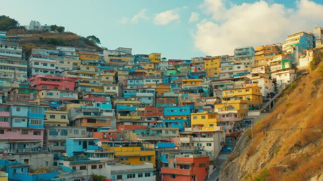 A vibrant favela cityscape bursts with color as tightly packed houses in bold shades of red, blue, yellow, and green climb up the hillside
