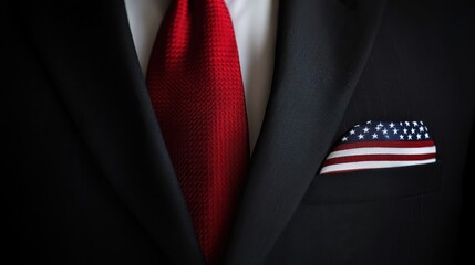 Power Dressing: A close-up shot of a sophisticated black suit with a vibrant red tie and a subtle American flag detail in the pocket. The image exudes power, confidence, and American pride.
