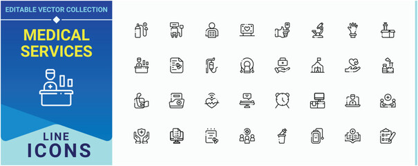 Medical services line icon set. Medical and Pharmaceutical icon collection. Pill minimal linear icons. Modern vector illustration. Editable stroke. Vector collection.