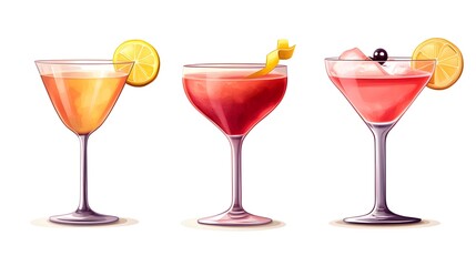 Three Cosmopolitan cocktails in different glass styles