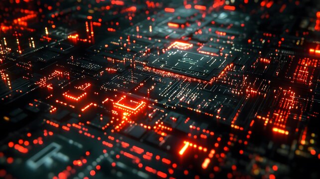 Circuit Board Illuminated: A captivating top-down view showcases an intricate circuit board, bathed in a vibrant red glow, highlighting the complex network of electronic components. - Powered by Adobe