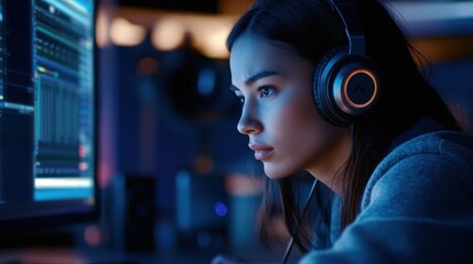 A focused individual working on audio editing software, wearing headphones, engaged in sound manipulation at a professional studio.
