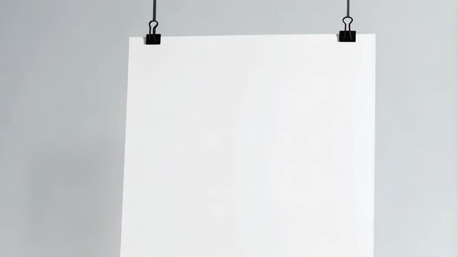 Blank white poster hanging with binder clips against a white wall with subtle shadows, providing a clean, minimalist background.