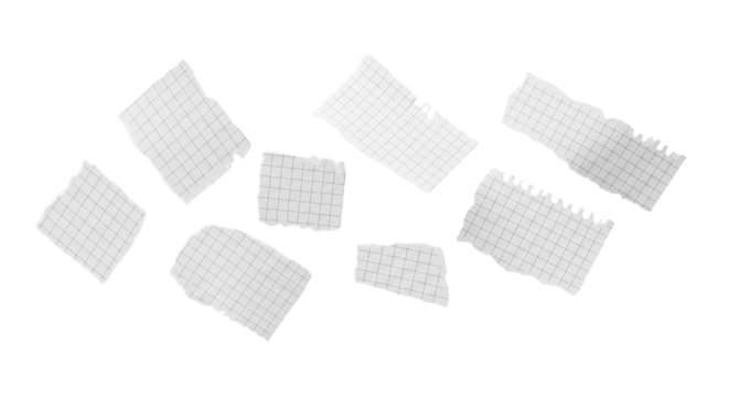 Scattered pieces of graph paper drift in the void forgotten equations lost to time each edge on transparent background - Powered by Adobe