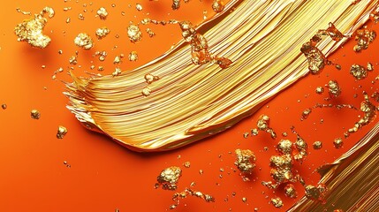 A bold gold brush stroke on a lively orange background, surrounded by radiant splashes of liquid gold that create a dynamic and minimalist composition.