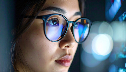 Close up of a woman wearing glasses looking at a computer screen with reflections of data and light, focused on technology and innovation