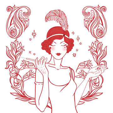 Vector illustration of a glamorous 1920s flapper girl in Art Deco style, with red feather and elegant silhouette. Perfect for vintage party invites, jazz events, themed weddings, or retro decor.
