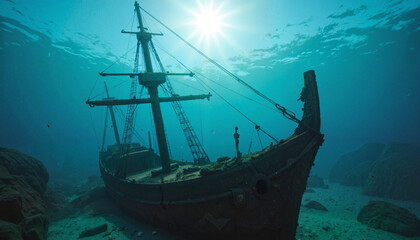 Sunlit shipwreck resting on ocean floor with diver nearby  