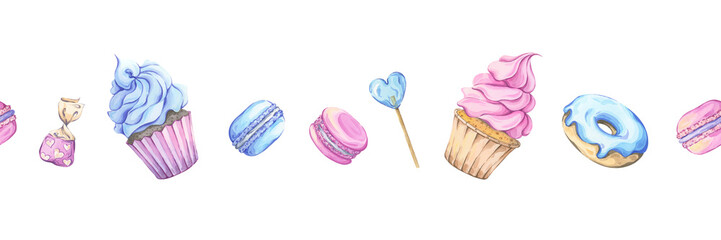 Watercolor sweet treats seamless border for baby shower and pastry shop decorations. Hand-painted illustration. Cupcakes, donuts, and macarons in soft pink and blue