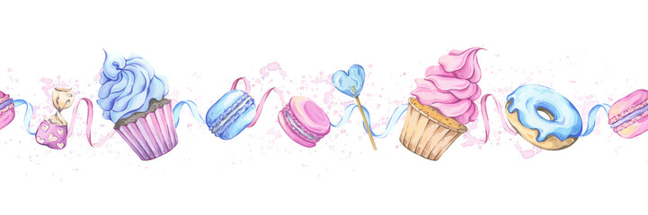 Seamless border with sweets. Festive watercolor illustration. Cupcakes, macarons, donuts, and ribbons in pastel pink and blue. Great for kids party decor, baby showers, and sweet gift packaging