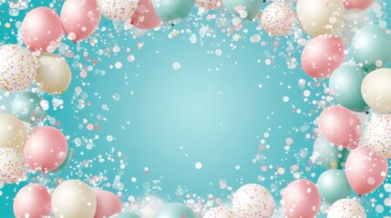 A frame of pastel-colored balloons and confetti on an aquamarine background, creating a festive atmosphere for celebration or special event