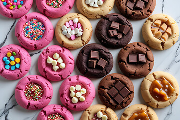 Colorful, soft cookies neatly arranged on white marble.	