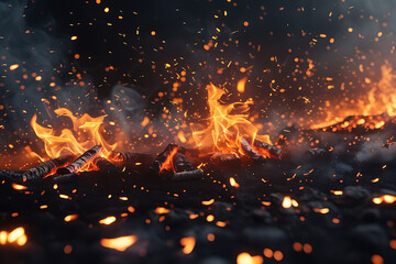 Glowing embers and flying sparks rising into the dark background.