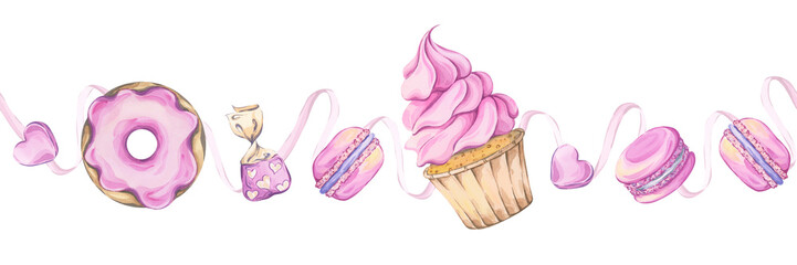 Sweet treats seamless border in pink for girl. Watercolor illustration of cupcake, donut, macarons, candies and festive ribbon. Perfect for girly designs, baby showers, and sweet party decor