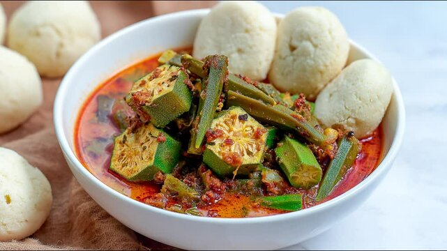 A close-up shot of okra soup with accompanying dough balls, showcasing culinary delight.