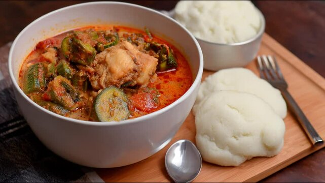 A culinary delight featuring a bowl of stew with side dishes.