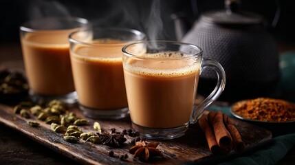 Indian masala chai, a type of tea, served in regular glasses with a kettle, spices, and tea leaves.