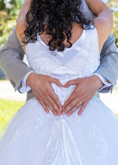 Romantic Wedding Embrace with a HeartShaped Gesture Symbolizing Deep Affection and Love