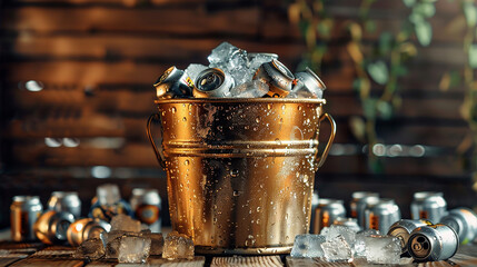 A copper bucket overflows with ice and cans, set against a rustic wooden backdrop, as one of multiple images selected to be submitted to Adobe Stock. Other cans and ice chunks are scattered around.