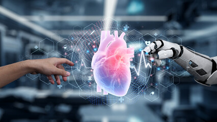 Robot and human reaching hand and pointing finger with heart holographic floating. Close up of...